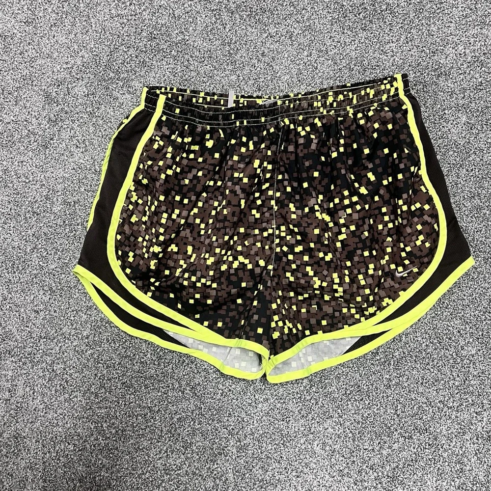Nike Dri-FIT Running Shorts Womens XL Black Yellow Pixel Print Lined Athletic